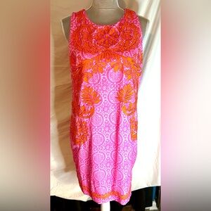 Gretchen Scott Pink, Orange Curacao Embroidered Sleeveless Shift Dress, Size S